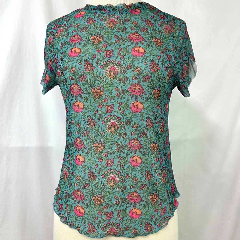 NATURAL LIFE Simone Sheer Mesh Top Short Sleeve L Colorful Floral Boho Hippie
